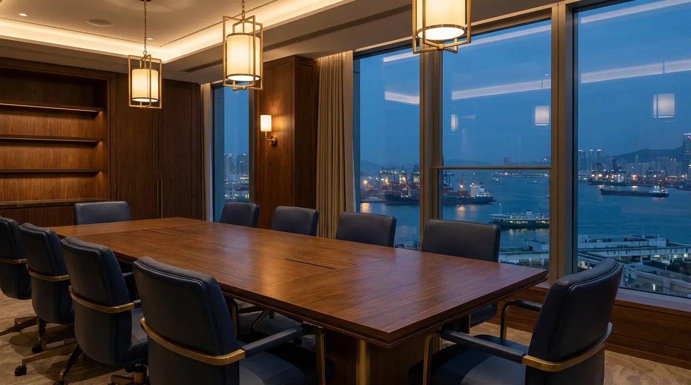 Executive maritime boardroom overlooking a harbor at dusk