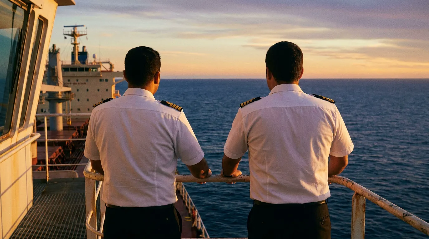 Ship officers on a bridge wing at sunrise