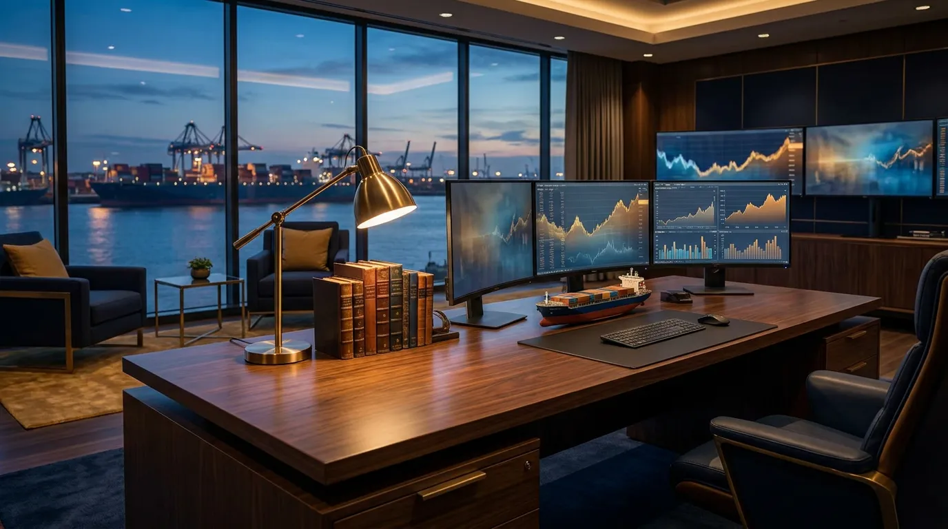 Maritime chartering desk with market screens at dusk