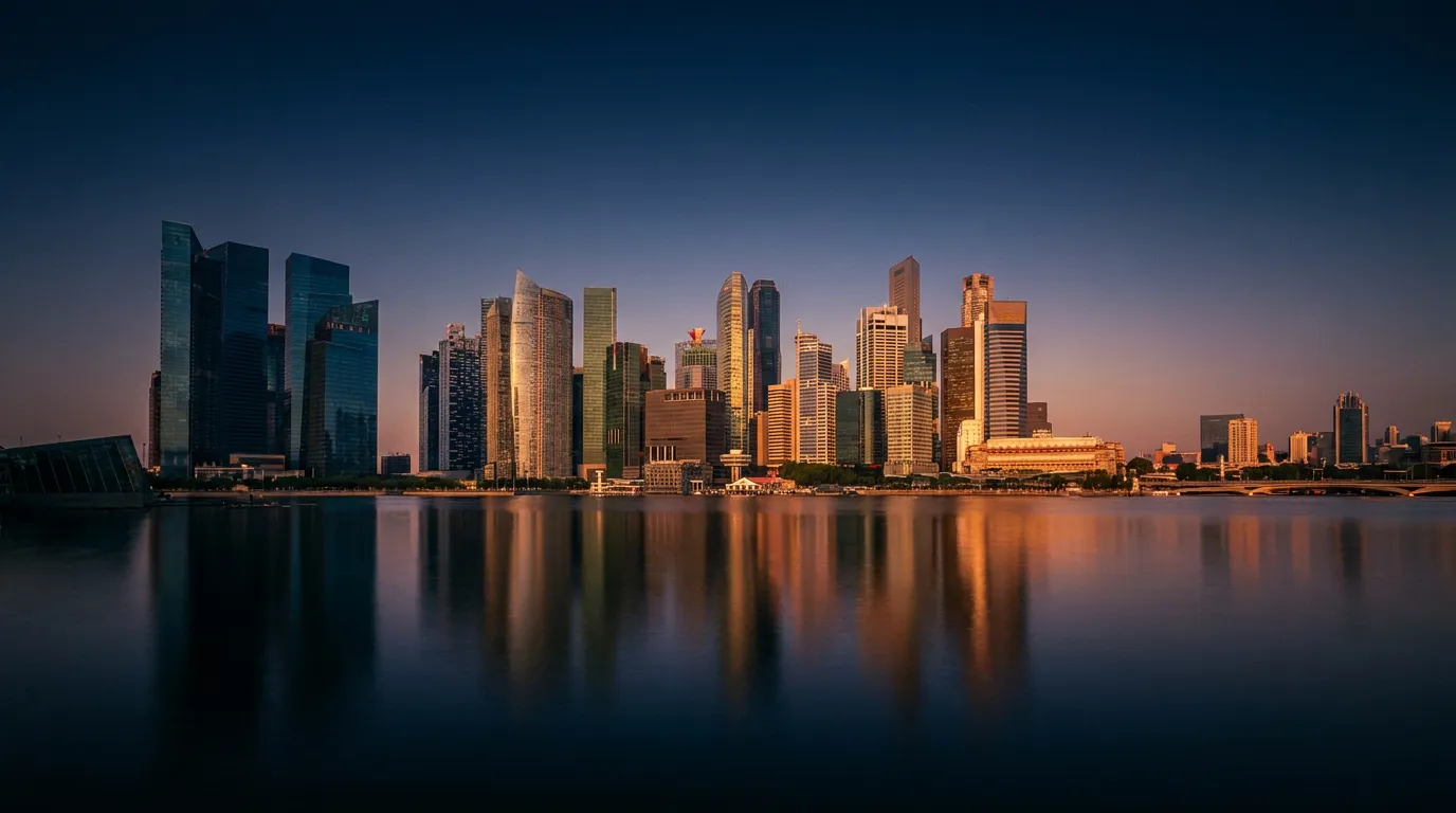 Singapore central business district skyline at golden hour